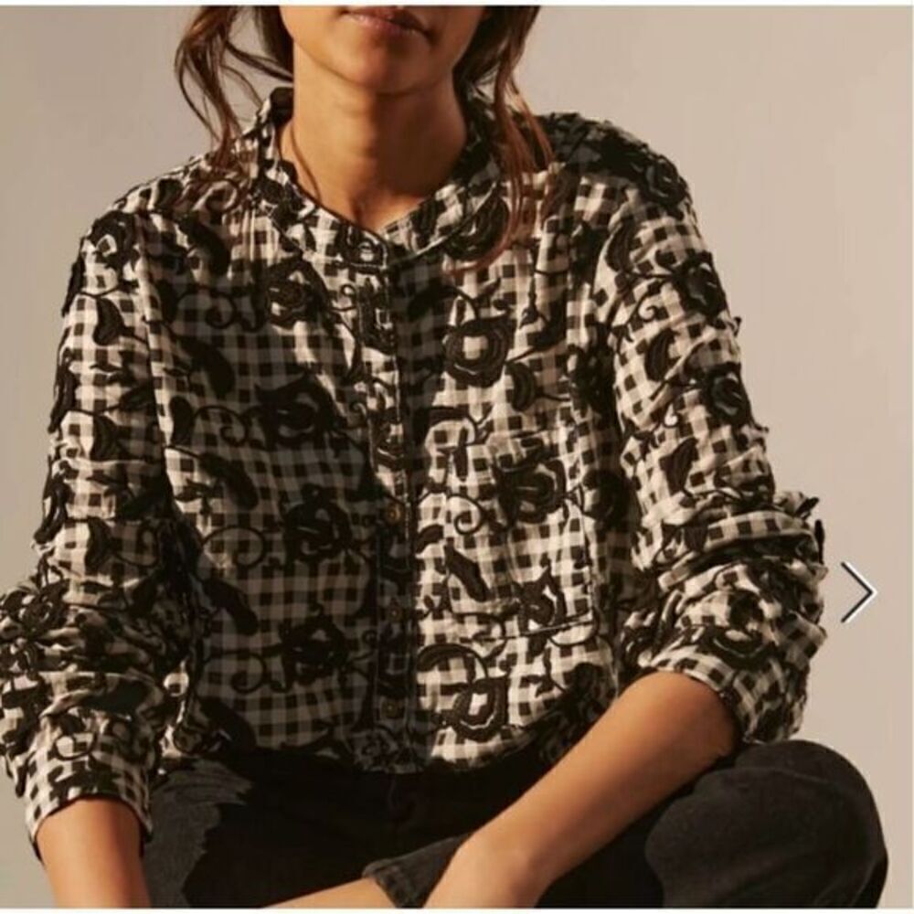 Anthropologie Pilcro The Whitney Trapeze Embroidered Buttondown Shirt Black XS